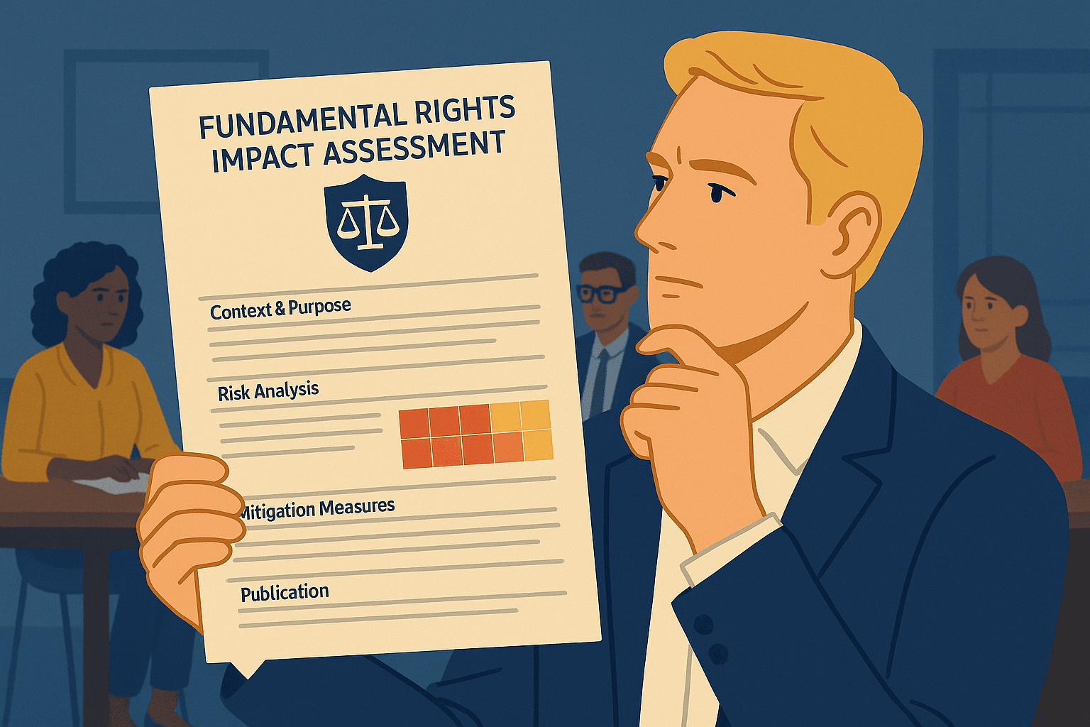 Five-step FRIA process from context to transparency with visual flow